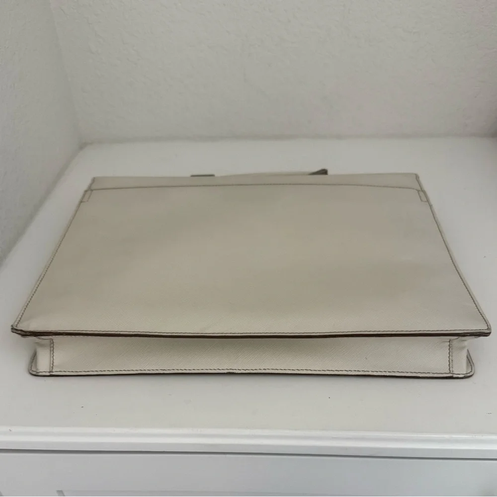PRADA Ivory White Saffiano Leather Slim Flap Briefcase Laptop Bag With Lock